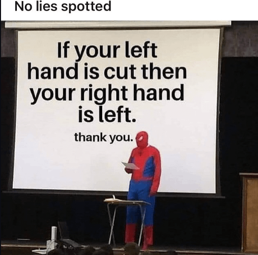 No lies spotted If your left hand is cut then your right hand is left. thank you.