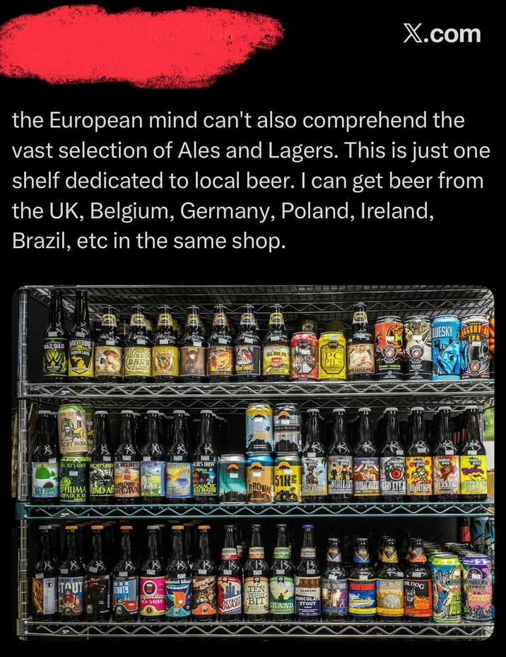 X.com the European mind can't also comprehend the vast selection of Ales and Lagers. This is just one shelf dedicated to local beer. I can get beer from the UK, Belgium, Germany, Poland, Ireland, Brazil, etc in the same shop. ULD SULD WOLVERING F PRENEM LAGES RES DANK SULOUS ALL DAY IP PILS SOFT PAN EICHS SORT'S BREW SHORTS BRRORIS BROWNEW KEY EWE CHUMA KIND ALBROWN PALICIOUS STOUTY polita UK STOUT nburst lahed (税込) GRAND LUESKY ORTS BREW GLE BLASTER BROWN 51K NIHILIST RED EYE DRENGELICKERS TEN BWAR BIT GRAND ANDER ALVE WIRE POWERBORT SANDERS CHOCOLAT STOUT HELONE MILDOG LATE ATUD VERTER MED GODDESS STAL