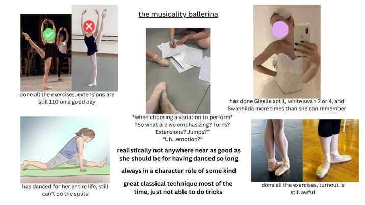 ✓ done all the exercises, extensions are still 110 on a good day the musicality ballerina night 2 has done Giselle act 1, white swan 2 or 4, and Swanhilda more times than she can remember wikiHow has danced for her entire life, still can't do the splits *when choosing a variation to perform* "So what are we emphasizing? Turns? Extensions? Jumps?" "Uh.. emotion?" realistically not anywhere near as good as she should be for having danced so long always in a character role of some kind great classical technique most of the time, just not able to do tricks done all the exercises, turnout is still awful