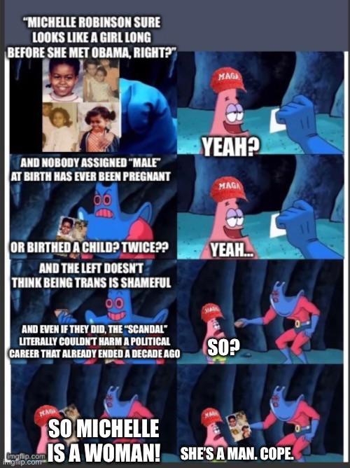 "MICHELLE ROBINSON SURE LOOKS LIKE A GIRL LONG BEFORE SHE MET OBAMA, RIGHT?" MAG YEAH? AND NOBODY ASSIGNED "MALE" AT BIRTH HAS EVER BEEN PREGNANT MAGA OR BIRTHED A CHILD? TWICE?? AND THE LEFT DOESN'T THINK BEING TRANS IS SHAMEFUL YEAH... AND EVEN IF THEY DID, THE "SCANDAL" LITERALLY COULDN'T HARM A POLITICAL CAREER THAT ALREADY ENDED A DECADE AGO SO? Imgflip.com Imgflip.com SO MICHELLE IS A WOMAN! SHE'S A MAN. COPE.