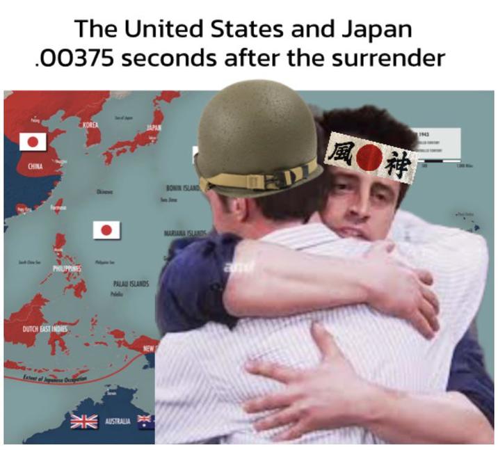 The United States and Japan .00375 seconds after the surrender о CHINA KOREA JAPAN PHILIPPINES PALAU ISLANDS DUTCH EAST INDIES Extent of Japanese O Poele AUSTRALIA BONIN ISLAND In Jime MARIANA ISLANDS 風 ● 神