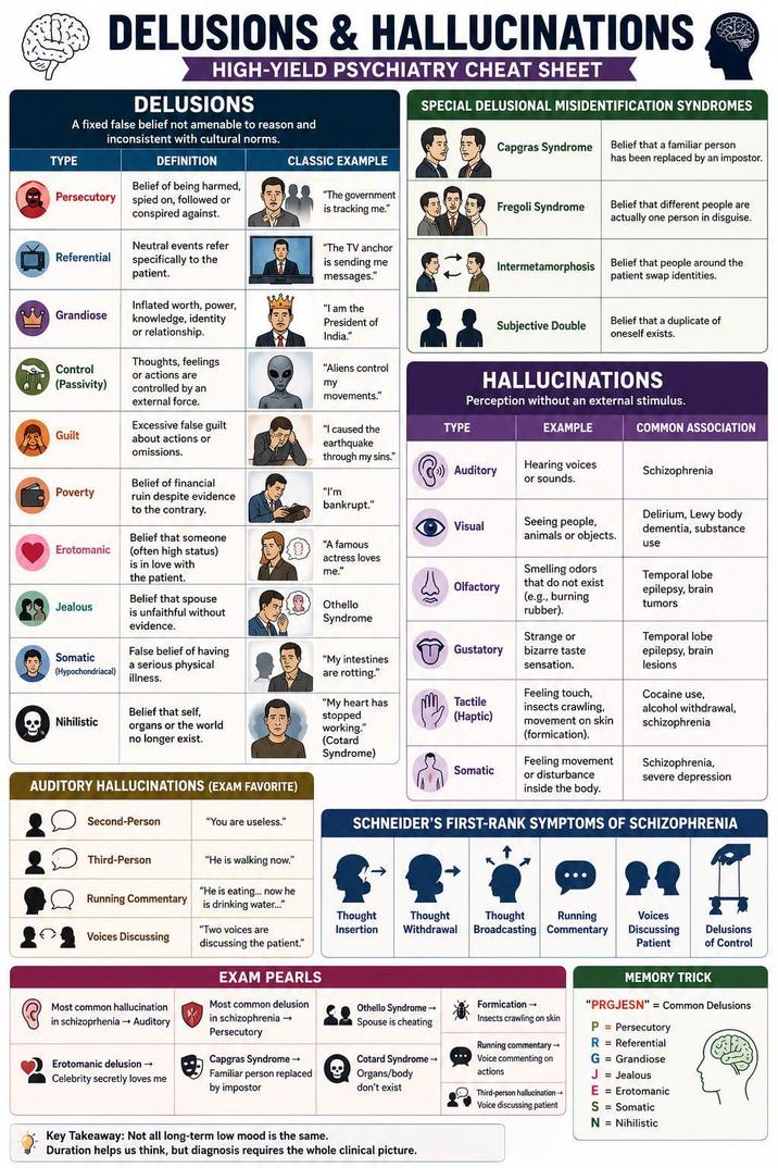 DELUSIONS & HALLUCINATIONS HIGH-YIELD PSYCHIATRY CHEAT SHEET DELUSIONS A fixed false belief not amenable to reason and inconsistent with cultural norms. DEFINITION SPECIAL DELUSIONAL MISIDENTIFICATION SYNDROMES Capgras Syndrome Belief that a familiar person has been replaced by an impostor. TYPE CLASSIC EXAMPLE Persecutory Belief of being harmed, spied on, followed or "The government is tracking me." Fregoli Syndrome conspired against. Referential Grandiose Control (Passivity) Guilt Poverty Erotomanic Neutral events refer specifically to the patient. Inflated worth, power, knowledge, identity or relationship. Thoughts, feelings or actions are controlled by an external force. Excessive false guilt about actions or omissions. "The TV anchor is sending me messages." "I am the President of India." "Aliens control my movements." Belief that different people are actually one person in disguise. Intermetamorphosis Belief that people around the patient swap identities. Subjective Double Belief that a duplicate of oneself exists. HALLUCINATIONS Perception without an external stimulus. "I caused the earthquake through my sins." TYPE EXAMPLE COMMON ASSOCIATION ›) Auditory Hearing voices or sounds. Schizophrenia Belief of financial ruin despite evidence to the contrary. Belief that someone (often high status) is in love with the patient. Belief that spouse "I'm bankrupt." "A famous actress loves me." Visual Olfactory Seeing people, animals or objects. Smelling odors that do not exist (e.g., burning rubber). Delirium, Lewy body dementia, substance use Temporal lobe epilepsy, brain tumors Jealous is unfaithful without Othello Syndrome evidence. Somatic (Hypochondriacal) False belief of having Gustatory Strange or bizarre taste a serious physical "My intestines sensation. illness. are rotting." "My heart has Belief that self, Nihilistic stopped Tactile (Haptic) organs or the world no longer exist. working." (Cotard Syndrome) Feeling movement Somatic AUDITORY HALLUCINATIONS (EXAM FAVORITE) or disturbance inside the body. Feeling touch, insects crawling, movement on skin (formication). Temporal lobe epilepsy, brain lesions Cocaine use, alcohol withdrawal, schizophrenia Schizophrenia, severe depression Second-Person Third-Person Running Commentary Voices Discussing Most common hallucination in schizoprhenia → Auditory "You are useless." SCHNEIDER'S FIRST-RANK SYMPTOMS OF SCHIZOPHRENIA "He is walking now." "He is eating... now he is drinking water..." "Two voices are discussing the patient." Thought Insertion Thought Withdrawal Thought Running Broadcasting Commentary Voices Discussing Patient Delusions of Control EXAM PEARLS Most common delusion in schizophrenia → Persecutory Othello Syndrome → Spouse is cheating Formication → Insects crawling on skin MEMORY TRICK "PRGJESN" Common Delusions P = Persecutory Erotomanic delusion → Celebrity secretly loves me Capgras Syndrome → Familiar person replaced by impostor Cotard Syndrome → Organs/body don't exist Key Takeaway: Not all long-term low mood is the same. Duration helps us think, but diagnosis requires the whole clinical picture. Running commentary→ Voice commenting on actions Third-person hallucination→ Voice discussing patient R Referential G = Grandiose J = Jealous E Erotomanic S = Somatic N = Nihilistic
