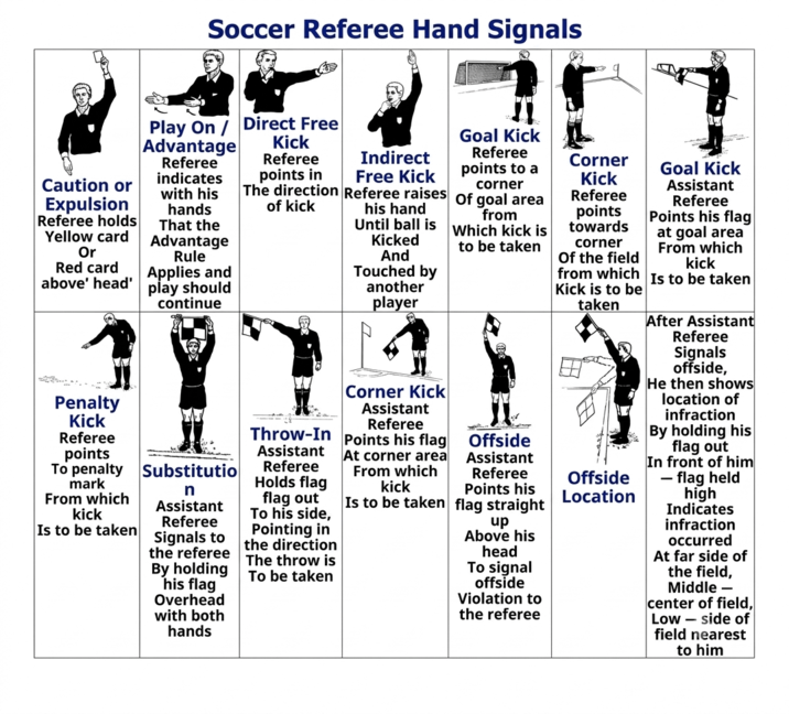 Soccer Referee Hand Signals Caution or Expulsion Referee holds Yellow card Or Red card Play On Direct Free Advantage Referee indicates with his hands That the Advantage Rule Applies and above' head' play should continue Kick Referee points in The direction of kick Indirect Free Kick Referee raises his hand Until ball is Kicked And Touched by another player Goal Kick Referee points to a corner of goal area from Which kick is to be taken Corner Goal Kick Kick Referee points towards Assistant Referee Points his flag at goal area From which kick from which Is to be taken corner Of the field Kick is to be taken After Assistant Referee Penalty Corner Kick Assistant Referee Throw-In Points his flag Offside Assistant Assistant Referee Points his flag straight Offside Location Kick Referee points To penalty Substitutio mark From which kick Is to be taken n Assistant Referee Signals to the referee By holding his flag Overhead with both hands Referee Holds flag flag out To his side, Pointing in the direction The throw is To be taken At corner area From which kick Is to be taken up Above his head To signal offside Violation to the referee Signals offside, He then shows location of infraction By holding his flag out In front of him - flag held high Indicates infraction occurred At far side of the field, Middle - center of field, Low-side of field nearest to him