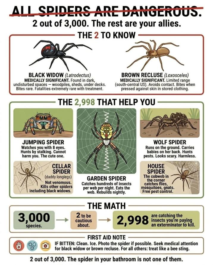 ALL SPIDERS ARE DANGEROUS. 2 out of 3,000. The rest are your allies. THE 2 TO KNOW BLACK WIDOW (Latrodectus) MEDICALLY SIGNIFICANT. Found in dark, undisturbed spaces - woodpiles, sheds, under decks. Bites rare. Fatalities extremely rare with treatment. BROWN RECLUSE (Loxosceles) MEDICALLY SIGNIFICANT. Limited range (south-central US). Avoids contact. Bites when pressed against skin in stored clothing. THE 2,998 THAT HELP YOU JUMPING SPIDER Watches you with 8 eyes. Hunts by stalking. Cannot harm you. The cute one. CELLAR SPIDER (daddy longlegs) Not venomous. Kills other spiders including black widows. 3,000 H species. www GARDEN SPIDER Catches hundreds of insects per web per night. Eats the web. Rebuilds nightly. THE MATH 2 to be cautious about. WOLF SPIDER Runs on the ground. Carries babies on her back. Hunts pests. Looks scary. Harmless. HOUSE SPIDER The cobweb in the corner catches flies, mosquitoes, gnats. Free pest control. 2,998 FIRST AID NOTE are catching the insects you're paying an exterminator to kill. IF BITTEN: Clean. Ice. Photo the spider if possible. Seek medical attention for black widow or brown recluse. For all others: treat like a bee sting. 2 out of 3,000. The spider in your bathroom is not one of them.