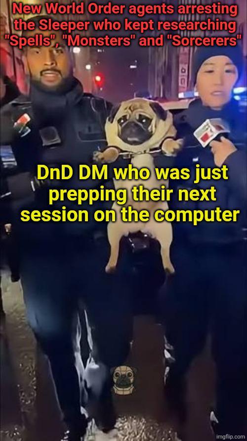 New World Order agents arresting the Sleeper who kept researching "Spells", "Monsters" and "Sorcerers" DnD DM who was just prepping their next session on the computer imgflip.com