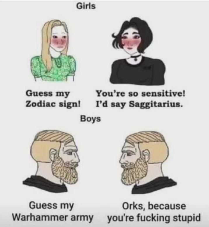 Girls Guess my Zodiac sign! You're so sensitive! I'd say Saggitarius. Boys Guess my Orks, because Warhammer army you're f------ stupid