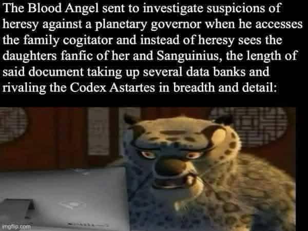 The Blood Angel sent to investigate suspicions of heresy against a planetary governor when he accesses the family cogitator and instead of heresy sees the daughters fanfic of her and Sanguinius, the length of said document taking up several data banks and rivaling the Codex Astartes in breadth and detail: imgtmp.com