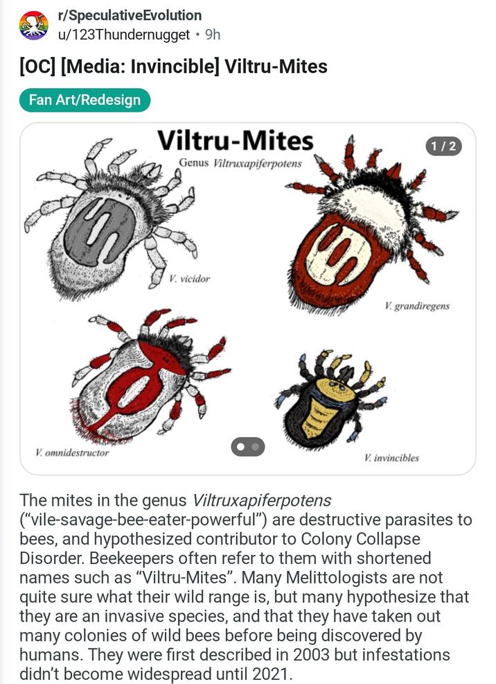 r/SpeculativeEvolution • u/123Thundernugget ⚫ 9h [OC] [Media: Invincible] Viltru-Mites Fan Art/Redesign Viltru-Mites Genus Viltruxapiferpotens V. omnidestructor 1/2 V. vicidor V. grandiregens V. invincibles The mites in the genus Viltruxapiferpotens ("vile-savage-bee-eater-powerful") are destructive parasites to bees, and hypothesized contributor to Colony Collapse Disorder. Beekeepers often refer to them with shortened names such as "Viltru-Mites". Many Melittologists are not quite sure what their wild range is, but many hypothesize that they are an invasive species, and that they have taken out many colonies of wild bees before being discovered by humans. They were first described in 2003 but infestations didn't become widespread until 2021.