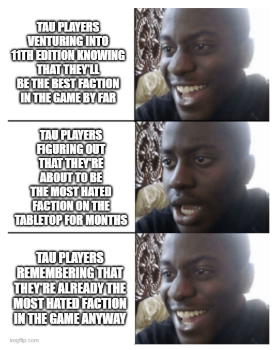 TAU PLAYERS VENTURING INTO 11TH EDITION KNOWING THAT THEY'LL BE THE BEST FACTION IN THE GAME BY FAR TAU PLAYERS FIGURING OUT THAT THEY'RE ABOUT TO BE THE MOST HATED FACTION ON THE TABLETOP FOR MONTHS TAU PLAYERS REMEMBERING THAT THEY'RE ALREADY THE MOST HATED FACTION IN THE GAME ANYWAY imgflip.com 97