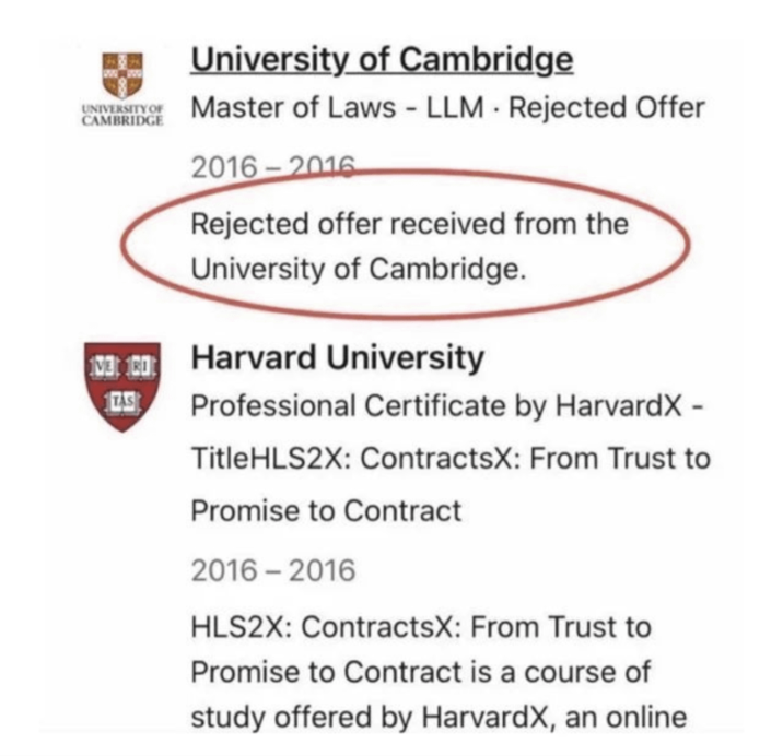 University of Cambridge UNIVERSITY OF Master of Laws - LLM Rejected Offer CAMBRIDGE 2016-2016 Rejected offer received from the University of Cambridge. 03:00 Harvard University TAS Professional Certificate by HarvardX - TitleHLS2X: ContractsX: From Trust to Promise to Contract 2016-2016 HLS2X: ContractsX: From Trust to Promise to Contract is a course of study offered by HarvardX, an online