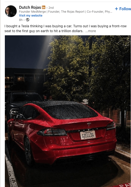 Dutch Rojas in. 2nd Founder MedMerge | Founder, The Rojas Report | Co-Founder, Phy... Visit my website 8h. → + Follow I bought a Tesla thinking I was buying a car. Turns out I was buying a front-row seat to the first guy on earth to hit a trillion dollars. ...more GZELLIG PAY