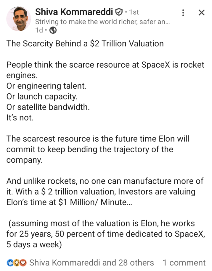 Shiva Kommareddi • 1st : X Striving to make the world richer, safer an... 1d The Scarcity Behind a $2 Trillion Valuation People think the scarce resource at SpaceX is rocket engines. Or engineering talent. Or launch capacity. Or satellite bandwidth. It's not. The scarcest resource is the future time Elon will commit to keep bending the trajectory of the company. And unlike rockets, no one can manufacture more of it. With a $ 2 trillion valuation, Investors are valuing Elon's time at $1 Million/ Minute... (assuming most of the valuation is Elon, he works for 25 years, 50 percent of time dedicated to SpaceX, 5 days a week) COO Shiva Kommareddi and 28 others 1 comment