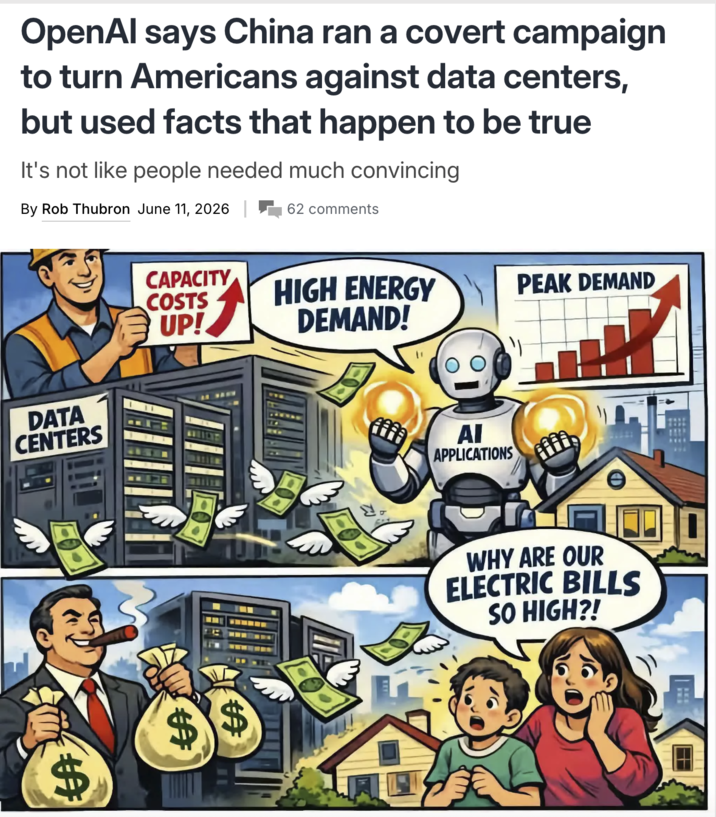 OpenAl says China ran a covert campaign to turn Americans against data centers, but used facts that happen to be true It's not like people needed much convincing By Rob Thubron June 11, 2026 | 62 comments DATA CENTERS $ CAPACITY COSTS UP! HIGH ENERGY DEMAND! PEAK DEMAND $$ AI APPLICATIONS AffА. WHY ARE OUR ELECTRIC BILLS SO HIGH?!