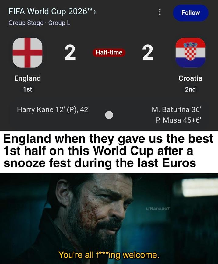 FIFA World Cup 2026™ > Group Stage Group L + England 1st 2 Half-time 2 Follow Croatia 2nd Harry Kane 12' (P), 42' M. Baturina 36' P. Musa 45+6' England when they gave us the best 1st half on this World Cup after a snooze fest during the last Euros u/Nanaue7 You're all f***ing welcome.