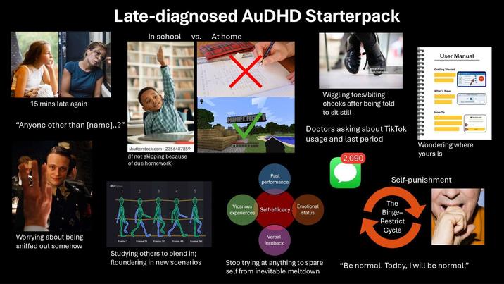 Late-diagnosed AuDHD Starterpack 15 mins late again "Anyone other than [name]..?” Worrying about being sniffed out somehow In school VS. At home shutterstock.com 2356487859 (If not skipping because of due homework) CGTyphoon 1 2 3 4 5 Frame 1 Frame 15 Frame 30 Frame 45 Frame 60 MINECRE Past performance gettyimages User Manual Getting Started What's New Wiggling toes/biting cheeks after being told to sit still Doctors asking about TikTok usage and last period How To 2,090 Wondering where yours is Self-punishment The Vicarious experiences Self-efficacy Emotional status Binge- Restrict Cycle Verbal feedback Studying others to blend in; floundering in new scenarios Stop trying at anything to spare self from inevitable meltdown "Be normal. Today, I will be normal."