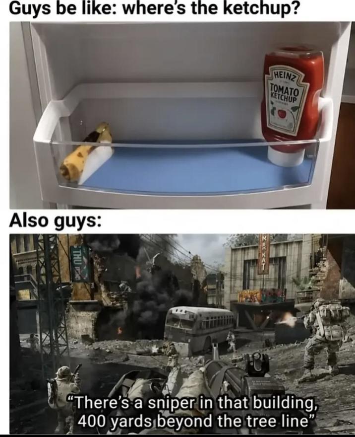 Guys be like: where's the ketchup? Also guys: HEINZ TOMATO KETCHUP 627 "There's a sniper in that building, 400 yards beyond the tree line