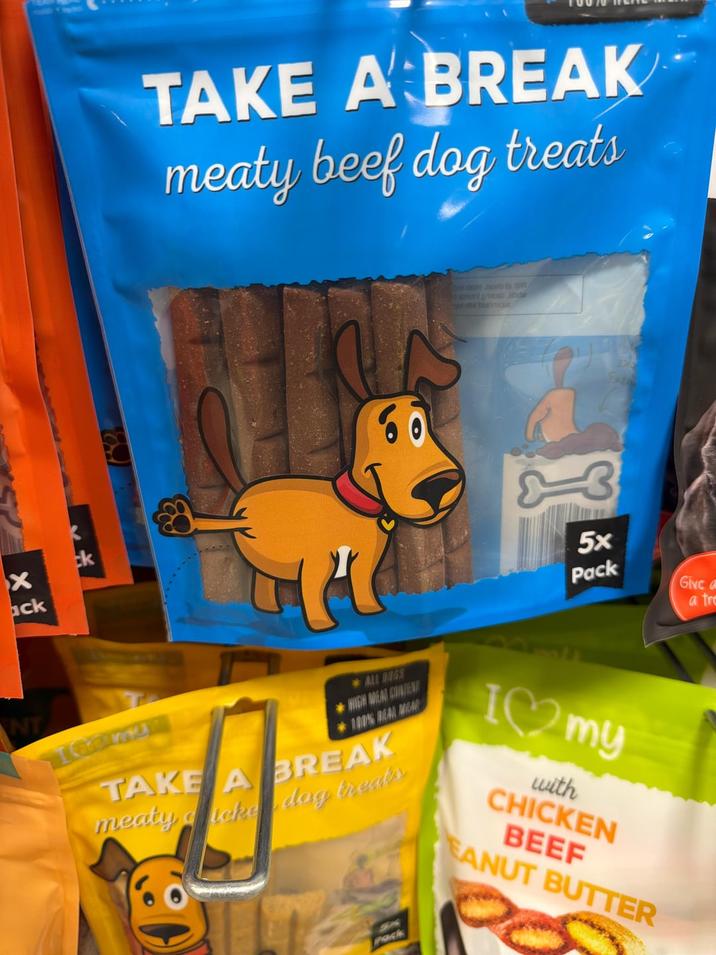 X ack ck NT TAKE A BREAK meaty beef dog treats 60 and bear to ow gritudo plode mw beeroque 3 5x Pack Give a a tr ALL DOGS *HIGH MEAL CONTENT 100% REAL MEAR TAKE A BREAK meaty icke dog treats I♡ my with CHICKEN BEEF EANUT BUTTER pack