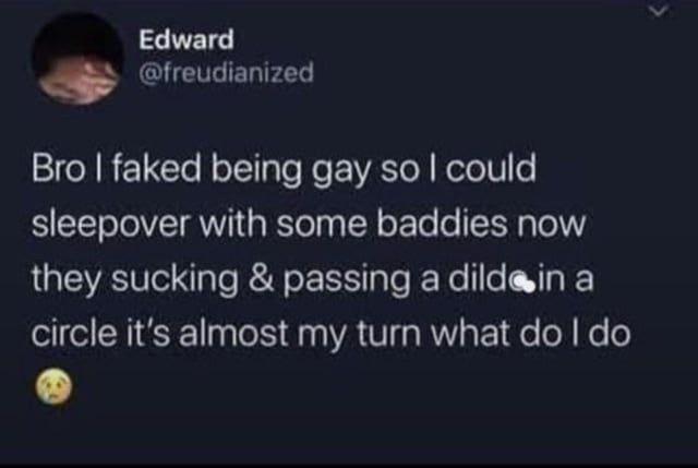 Edward @freudianized Bro I faked being gay so I could sleepover with some baddies now they sucking & passing a dildo in a circle it's almost my turn what do I do