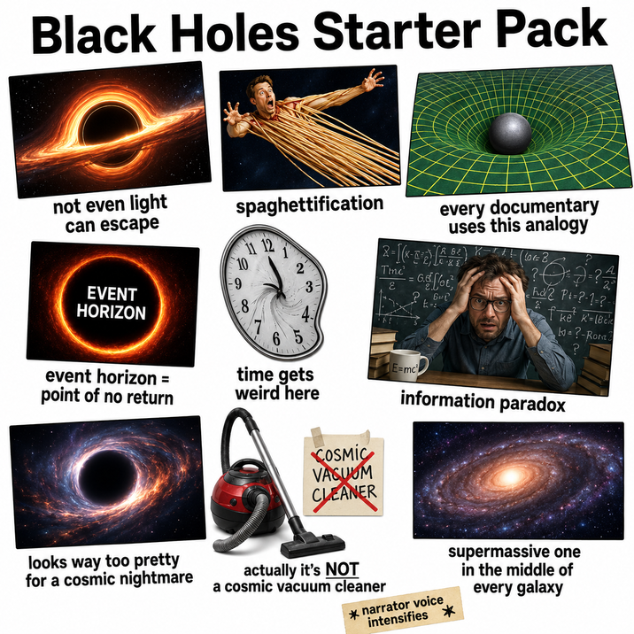 Black Holes Starter Pack not even light can escape spaghettification 11 12 2-1(x-2) every documentary uses this analogy EB 10 Tinc 9 3. E G.got ?=?- A Бас Fd2 P+=?-1=? EVENT h= 2 8 HORIZON 4- 7 fke² K=1Bck -?-Rom 65 ? event horizon = point of no return time gets weird here COSMIC VASUOM E=mc information paradox CLEANER looks way too pretty for a cosmic nightmare actually it's NOT a cosmic vacuum cleaner narrator voice intensifies supermassive one in the middle of every galaxy