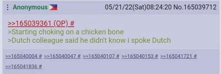 : Anonymous 05/21/22(Sat)08:24:20 No.165039712 >>165039361 (OP) # >Starting choking on a chicken bone >Dutch colleague said he didn't know i spoke Dutch >>165040004 # >>165040047 # >>165040107 # >>165040153 # >>165041721 # >>165041836 #