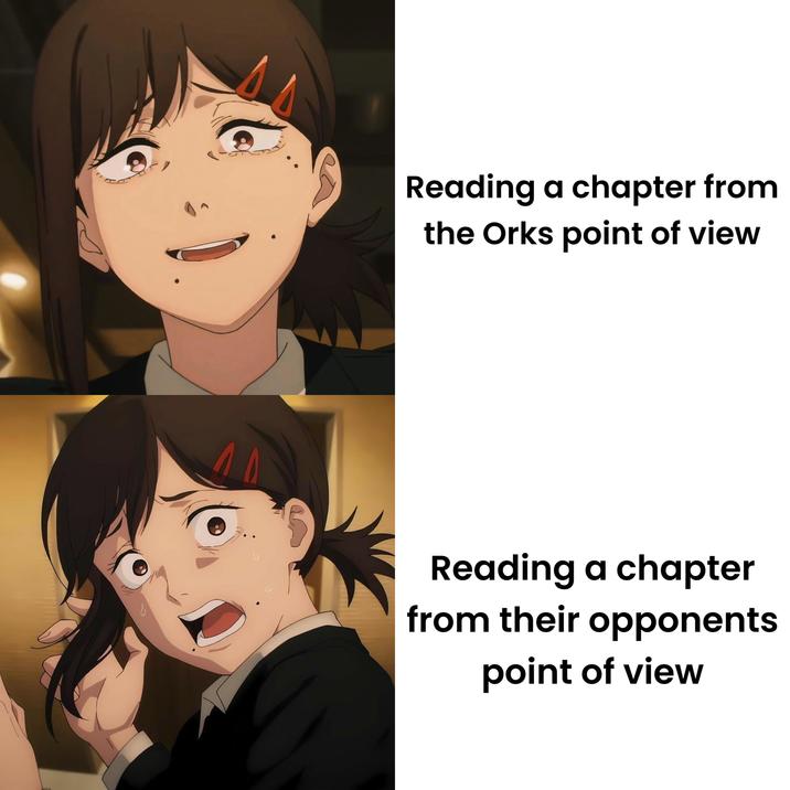 Reading a chapter from the Orks point of view Reading a chapter from their opponents point of view