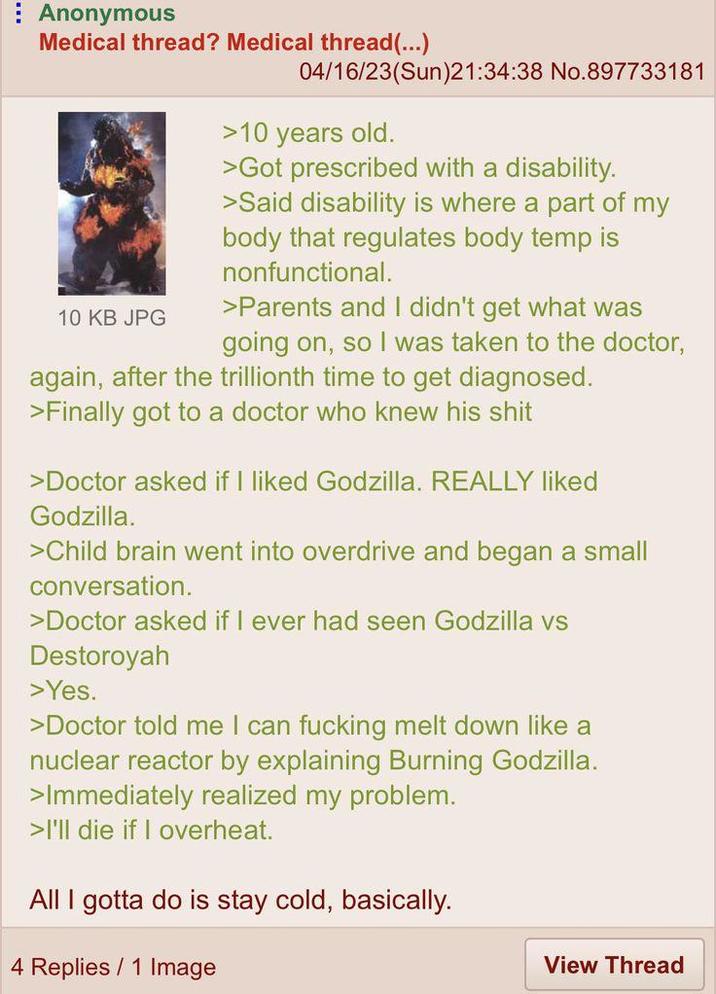 Anonymous Medical thread? Medical thread(...) 10 KB JPG 04/16/23(Sun)21:34:38 No.897733181 >10 years old. >Got prescribed with a disability. >Said disability is where a part of my body that regulates body temp is nonfunctional. >Parents and I didn't get what was going on, so I was taken to the doctor, again, after the trillionth time to get diagnosed. >Finally got to a doctor who knew his s--- >Doctor asked if I liked Godzilla. REALLY liked Godzilla. >Child brain went into overdrive and began a small conversation. >Doctor asked if I ever had seen Godzilla vs Destoroyah >Yes. >Doctor told me I can f------ melt down like a nuclear reactor by explaining Burning Godzilla. >Immediately realized my problem. >I'll die if I overheat. All I gotta do is stay cold, basically. 4 Replies 1 Image View Thread
