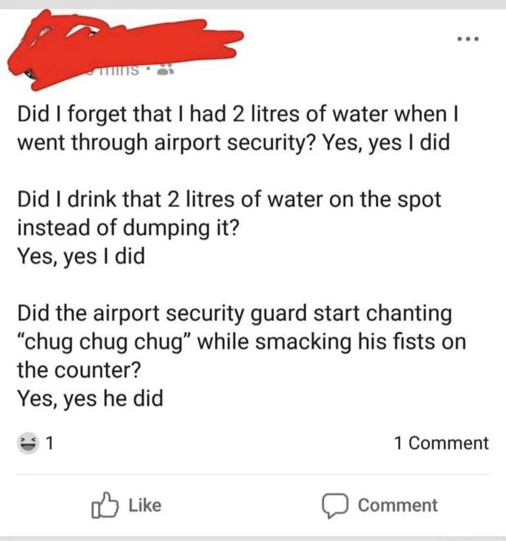 Did I forget that I had 2 litres of water when I went through airport security? Yes, yes I did Did I drink that 2 litres of water on the spot instead of dumping it? Yes, yes I did Did the airport security guard start chanting "chug chug chug" while smacking his fists on the counter? Yes, yes he did 1 1 Comment Like Comment