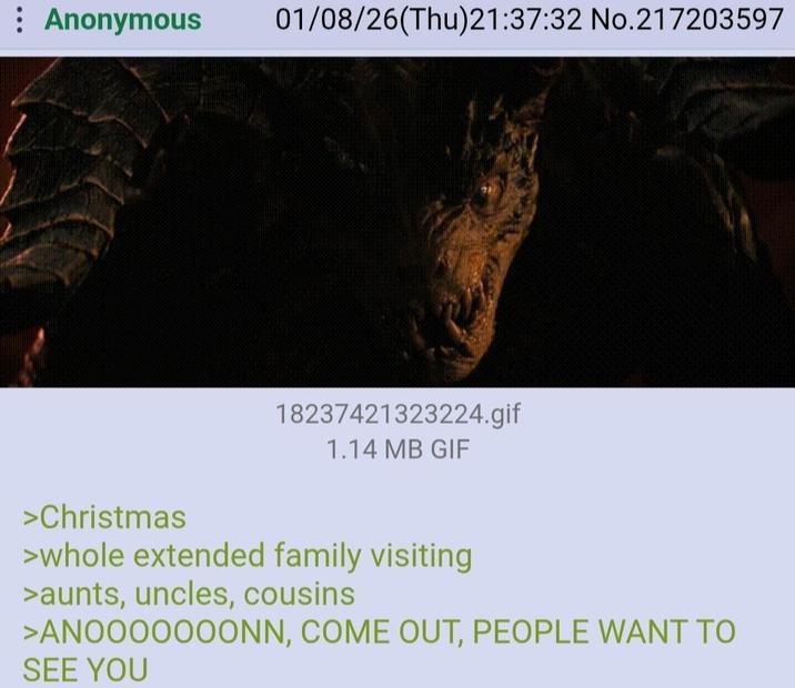 Anonymous 01/08/26(Thu)21:37:32 No.217203597 18237421323224.gif 1.14 MB GIF >Christmas >whole extended family visiting >aunts, uncles, cousins >ANOOOOOOONN, COME OUT, PEOPLE WANT TO SEE YOU