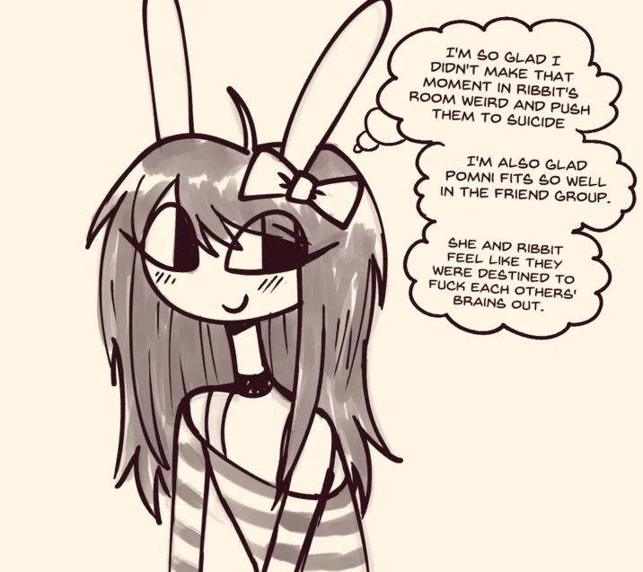 Original caption: "Jax if she wasn't a huge p------------."

Also posted in a "reply":https://bsky.app/profile/gooseworx.bsky.social/post/3mopxrnwhlk2a to a comment on the art:

"I personally think either [he/him or she/her in reference to Jax] is fine but that's just me. It was meant to be kinda subtle and vague, but I'm really bad at making things subtle."