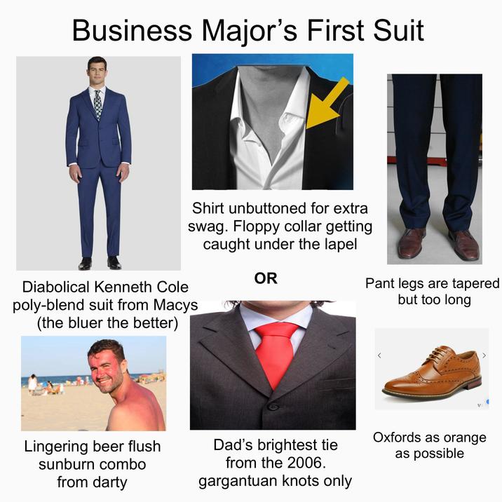 Business Major's First Suit Shirt unbuttoned for extral swag. Floppy collar getting caught under the lapel Diabolical Kenneth Cole poly-blend suit from Macys (the bluer the better) OR Pant legs are tapered but too long 1/9 Lingering beer flush sunburn combo from darty Dad's brightest tie from the 2006. gargantuan knots only Oxfords as orange as possible
