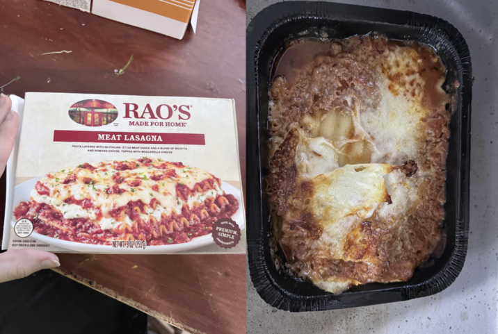 RAO'S RAO'S MADE FOR HOME MEAT LASAGNA PASTA LAYERED WITH AN ITALIAN-STYLE MEAT SAUCE AND A BLEND OF RICOTTA AND ROMANO CHEESE, TOPPED WITH MOZZARELLA CHEESE PREMIUM, SIMPLE INGREDIENTS SERVING SUGGESTION NET WT-902 (255 KEEP FROZEN & COOK THOROUGHLY