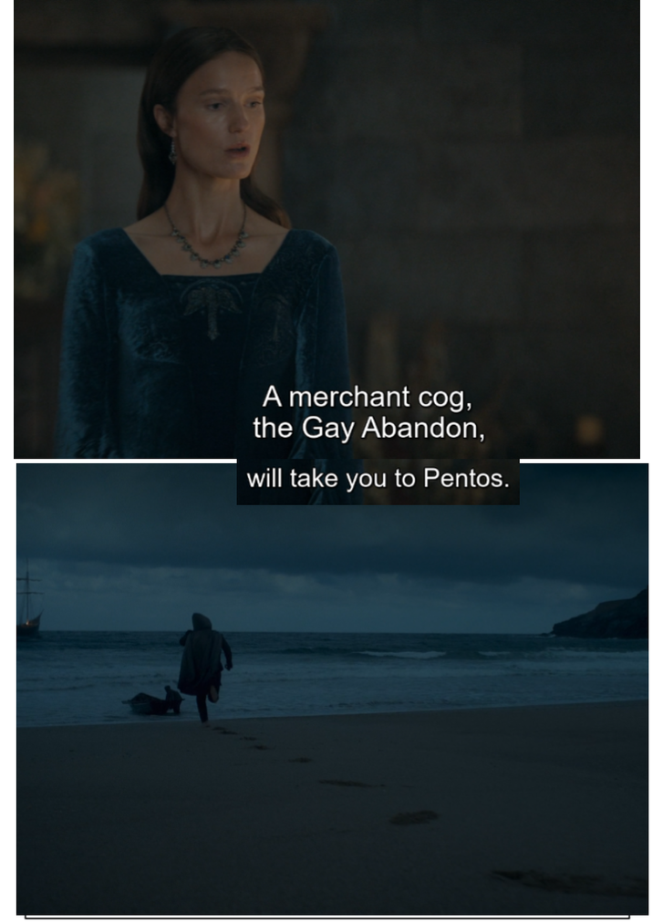 A merchant cog, the Gay Abandon, will take you to Pentos.