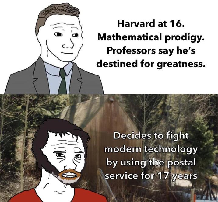 Harvard at 16. Mathematical prodigy. Professors say he's destined for greatness. 1གླུ་ Decides to fight modern technology by using the postal service for 17 years