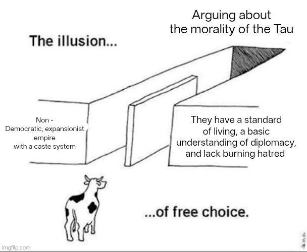 The illusion... Arguing about the morality of the Tau Non- Democratic, expansionist empire with a caste system They have a standard of living, a basic understanding of diplomacy, and lack burning hatred imgflip.com ...of free choice. 50%