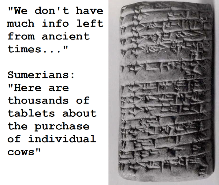 "We don't have much info left from ancient times..." Sumerians: "Here are thousands of tablets about the purchase of individual COWS" ALIMENT