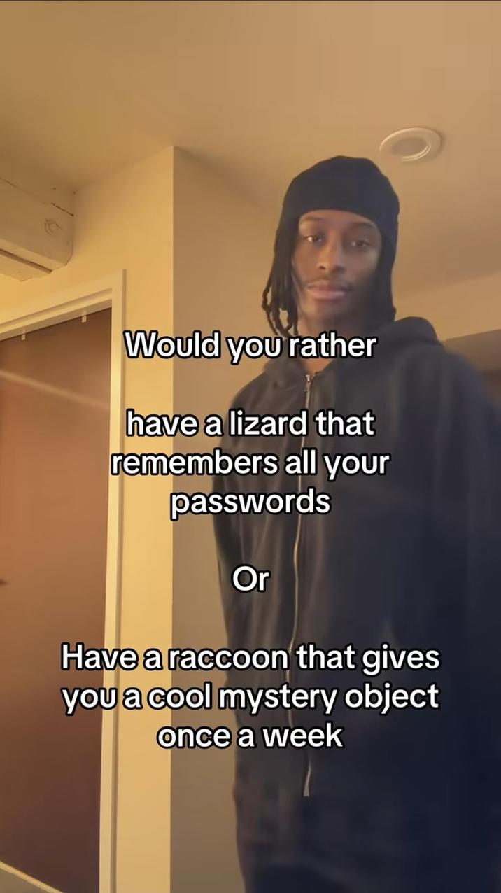 Would you rather have a lizard that remembers all your passwords Or Have a raccoon that gives you a cool mystery object once a week