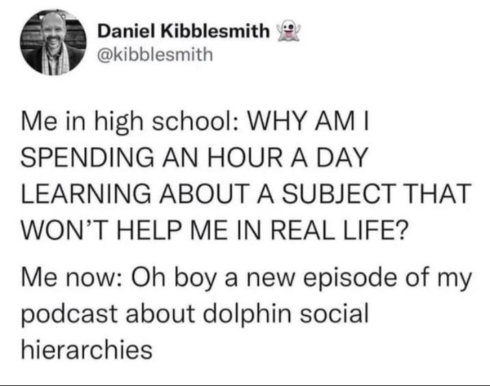 Daniel Kibblesmith @kibblesmith Me in high school: WHY AM I SPENDING AN HOUR A DAY LEARNING ABOUT A SUBJECT THAT WON'T HELP ME IN REAL LIFE? Me now: Oh boy a new episode of my podcast about dolphin social hierarchies