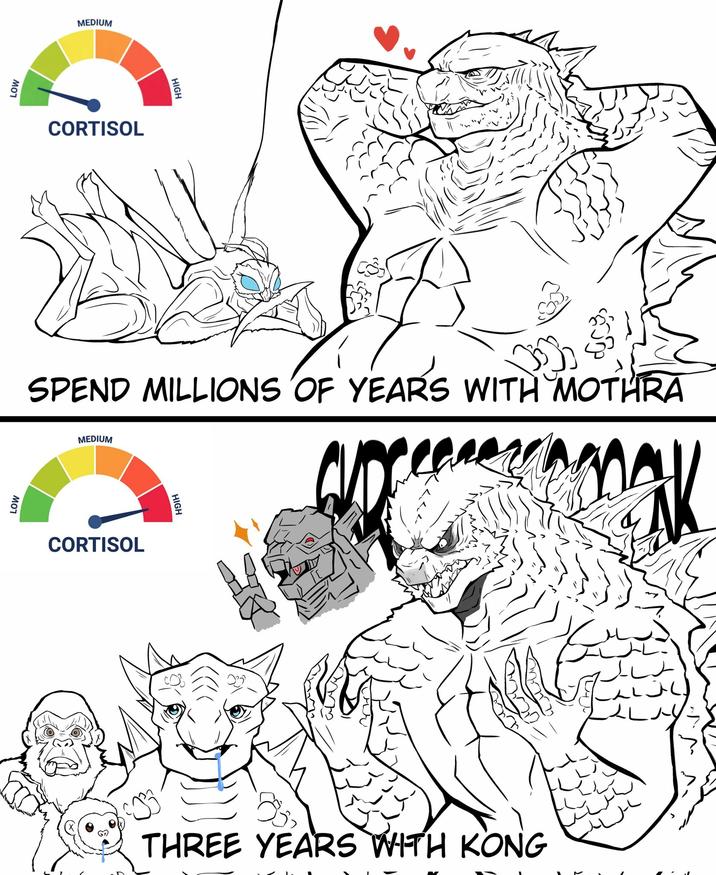 LOW LOW MEDIUM CORTISOL HIGH SPEND MILLIONS OF YEARS WITH MOTHRA MEDIUM CORTISOL HIGH THREE YEARS WITH KONG ہوا