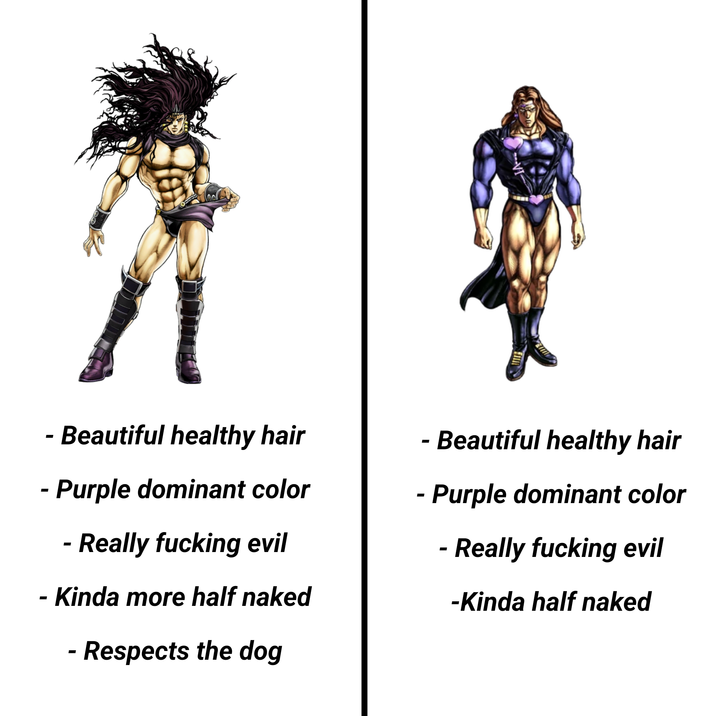 - Beautiful healthy hair - Purple dominant color - Really f------ evil - Kinda more half naked - Respects the dog - Beautiful healthy hair - Purple dominant color - Really f------ evil -Kinda half naked