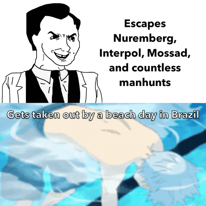 Escapes Nuremberg, Interpol, Mossad, and countless manhunts Gets taken out by a beach day in Brazil