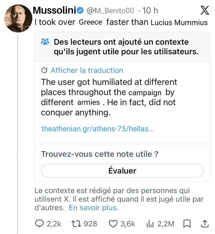 Mussolini❤ @M_Benito00 -10 h X I took over Greece faster than Lucius Mummius Des lecteurs ont ajouté un contexte qu'ils jugent utile pour les utilisateurs. Afficher la traduction The user got humiliated at different places throughout the campaign by different armies. He in fact, did not conquer anything. theathenian.gr/athens-75/hellas... Trouvez-vous cette note utile ? Évaluer Le contexte est rédigé par des personnes qui utilisent X. Il est affiché quand il est jugé utile par d'autres. En savoir plus. 2,2k 1928 3,6k lil 2,2M ↑