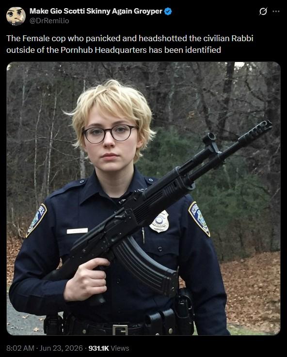 Make Gio Scotti Skinny Again Groyper @DrRemilio The Female cop who panicked and headshotted the civilian Rabbi outside of the Pornhub Headquarters has been identified 8:02 AM - Jun 23, 2026 931.1K Views
