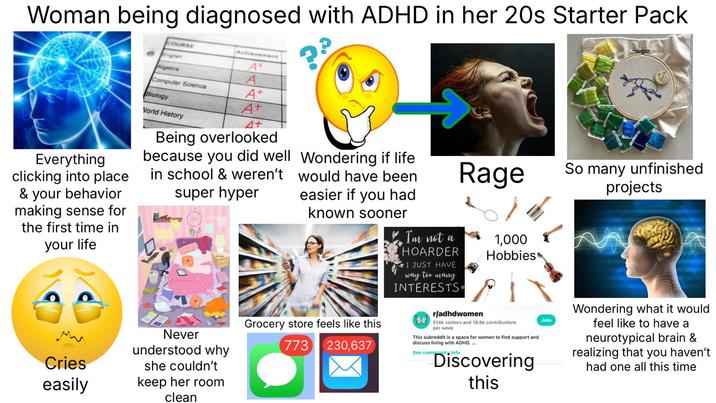 Woman being diagnosed with ADHD in her 20s Starter Pack COURSE Englan Achievement A+ Algebra A Computer Science A+ Biology A+ A+ Everything clicking into place & your behavior making sense for the first time in your life Vorld History Being overlooked because you did well in school & weren't super hyper Never understood why Cries she couldn't easily keep her room clean Wondering if life would have been easier if you had known sooner Rage So many unfinished projects Grocery store feels like this 773 230,637 I'm not a HOARDER I JUST HAVE way too many INTERESTS* r/adhdwomen 1,000 Hobbies 514k visitors and 19.8k contributions per week This subreddit is a space for women to find support and discuss living with ADHD.... See community info Discovering this Join Wondering what it would feel like to have a neurotypical brain & realizing that you haven't had one all this time