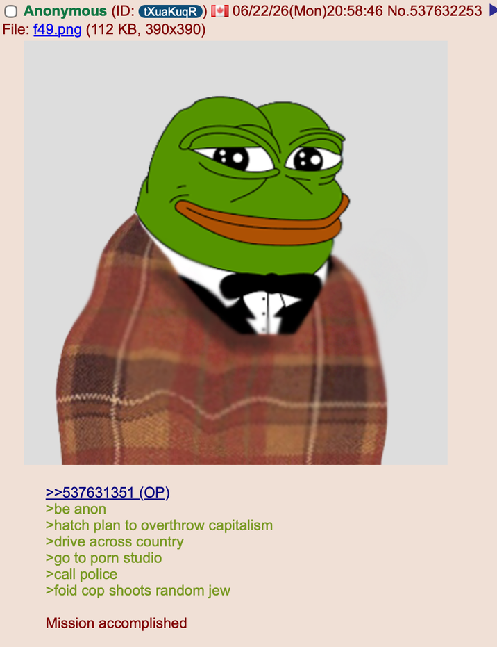 ☐ Anonymous (ID: XuaKuqR) [06/22/26(Mon)20:58:46 No.537632253 File: f49.png (112 KB, 390x390) >>537631351 (OP) >be anon >hatch plan to overthrow capitalism >drive across country >go to p--- studio >call police >foid cop shoots random jew Mission accomplished