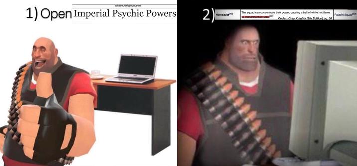 wh40k.lexicanum.com 1) Open Imperial Psychic Powers 2) Holocaust [20] The squad can concentrate their power, causing a ball of white hot flame to incinerate their foes.[20] Paladin Squad[201] Codex: Grey Knights (5th Edition) pg. 30