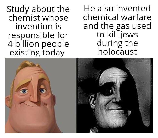 Study about the chemist whose invention is responsible for 4 billion people existing today He also invented chemical warfare and the gas used to kill jews during the holocaust