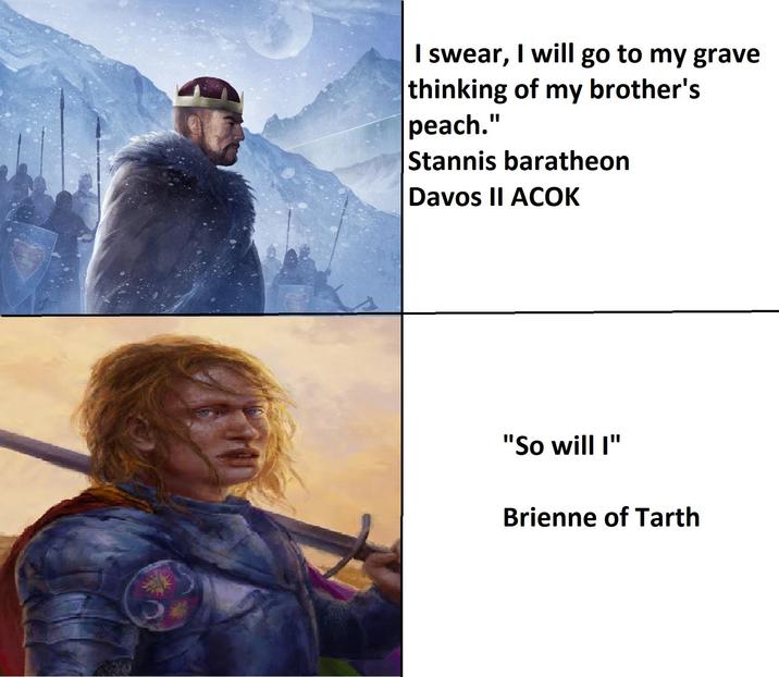 I swear, I will go to my grave thinking of my brother's peach." Stannis baratheon Davos II ACOK "So will I" Brienne of Tarth
