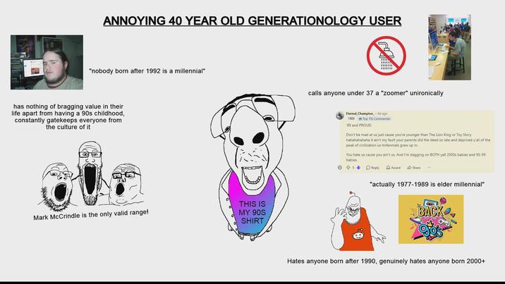 ANNOYING 40 YEAR OLD GENERATIONOLOGY USER "nobody born after 1992 is a millennial" has nothing of bragging value in their life apart from having a 90s childhood, constantly gatekeeps everyone from the culture of it THIS IS Mark McCrindle is the only valid range! MY 90S SHIRT calls anyone under 37 a "zoomer" unironically Eternal Champion_ • бd ago 1989 Top 1% Commenter '89 and PROUD. Don't be mad at us just cause you're younger than The Lion King or Toy Story hahahahahaha it ain't my fault your parents did the deed so late and deprived y'all of the peak of civilization us millennials grew up in.. You hate us cause you ain't us. And I'm slagging on BOTH yall 2000s babies and 95-99 babies. 5+ Reply Award Share "actually 1977-1989 is elder millennial" BACK TO THE Hates anyone born after 1990, genuinely hates anyone born 2000+