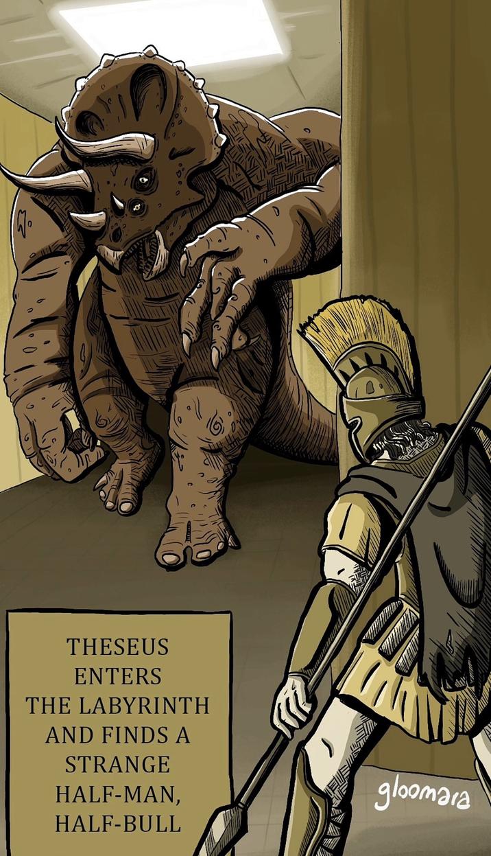 THESEUS ENTERS THE LABYRINTH AND FINDS A STRANGE HALF-MAN, HALF-BULL gloomara