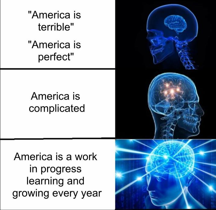 "America is terrible" "America is perfect" America is complicated America is a work in progress learning and growing every year 01 107 101 13